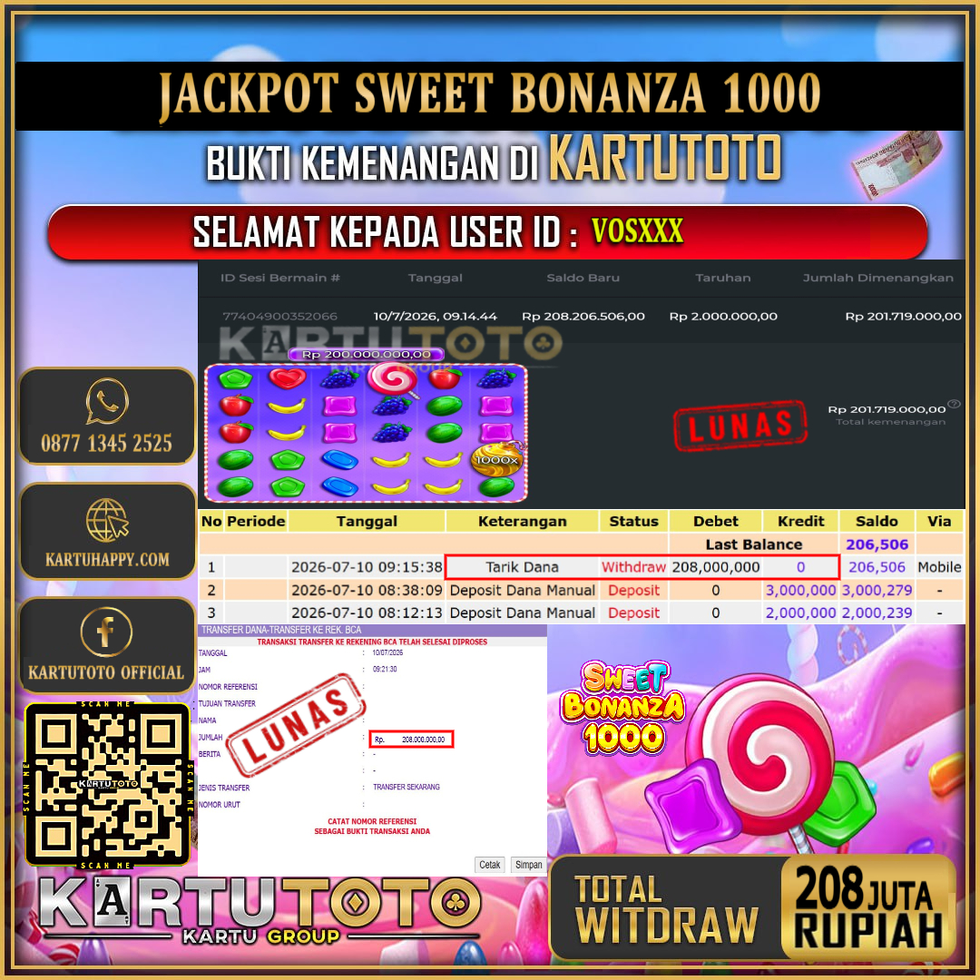 KARTUTOTO JACKPOT SLOT SWEET BONANZA 1000 Rp.208.000.000,- LUNAS USER ID : VOS***‎ ‎ ‎