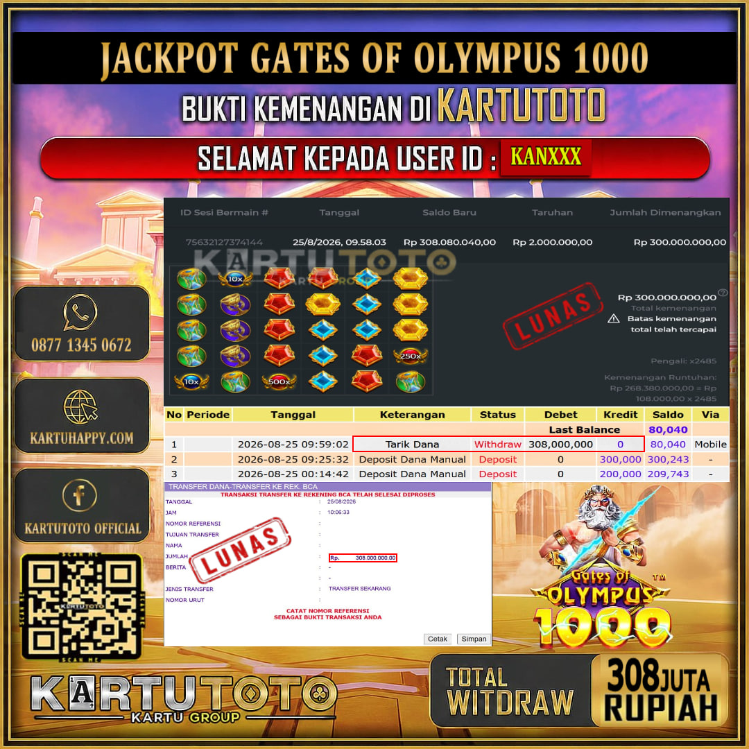KARTUTOTO JACKPOT SLOT GATES OF OLYMPUS 1000 Rp.308.000.000,- LUNAS USER ID : KAN***‎ ‎ ‎