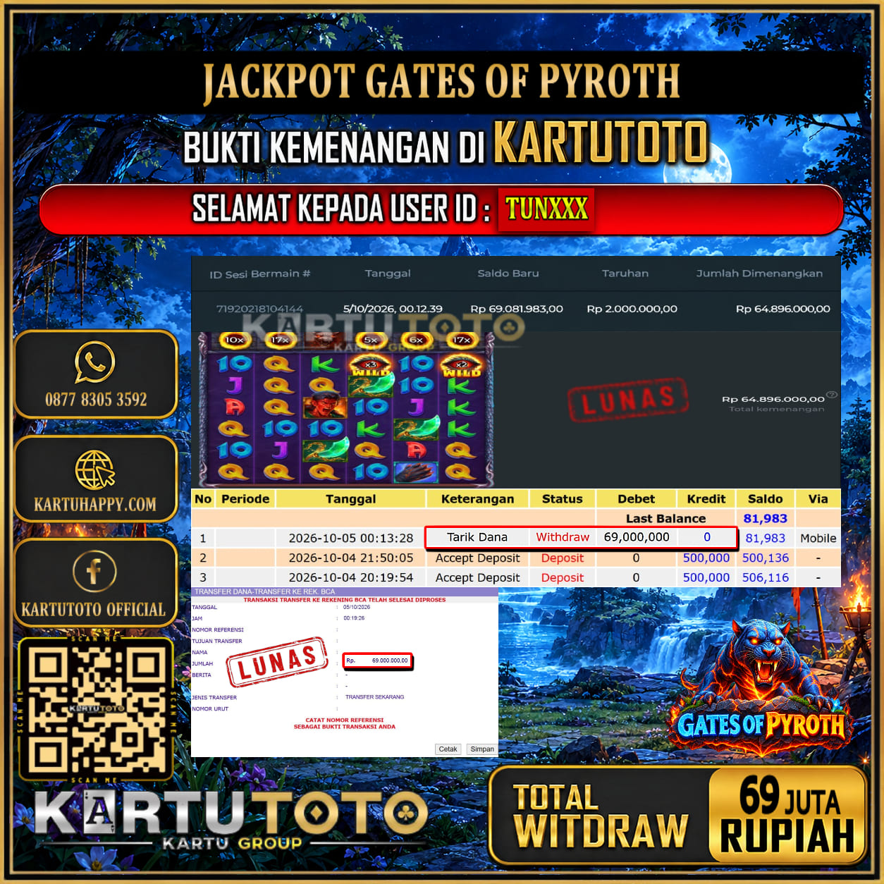 KARTUTOTO JACKPOT SLOT GATES OF PYROTH Rp.69.000.000,- LUNAS USER ID : TUN***‎ ‎ ‎
