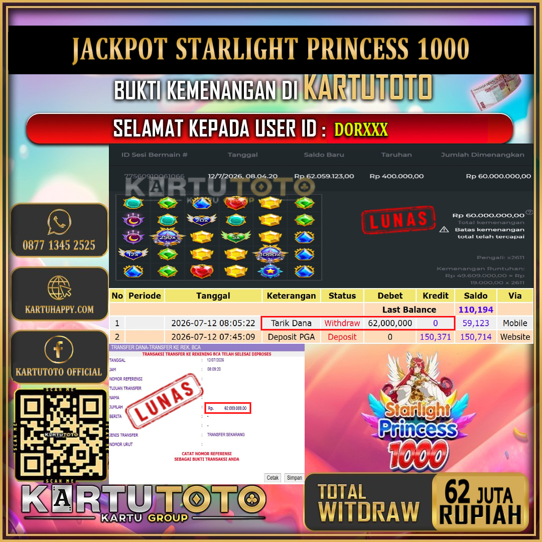 KARTUTOTO JACKPOT SLOT STARLIGHT PRINCESS 1000 Rp.62.000.000,- LUNAS USER ID : DOR***‎ ‎ ‎