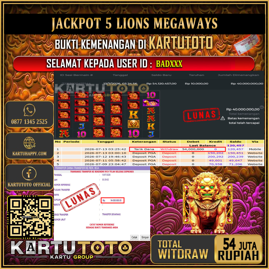 KARTUTOTO JACKPOT SLOT 5 LIONS MEGAWAYS Rp.54.000.000,- LUNAS USER ID : BAD***‎ ‎ ‎