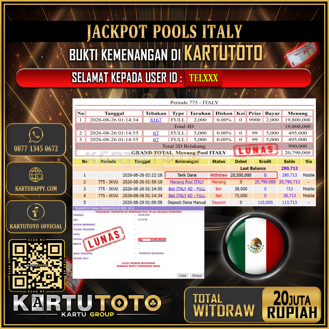 KARTUTOTO JACKPOT TOGEL ITALY Rp.20.000.000,- LUNAS USER ID : TEL***‎ ‎ ‎