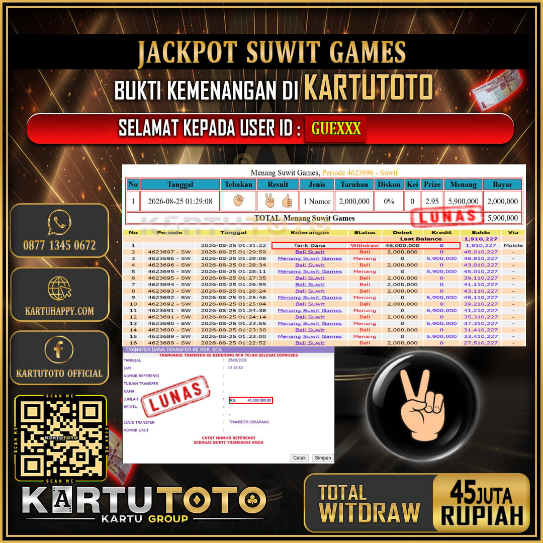 KARTUTOTO JACKPOT LIVE GAME SUWIT GAMES Rp.45.000.000,- LUNAS USER ID : GUE***‎ ‎ ‎