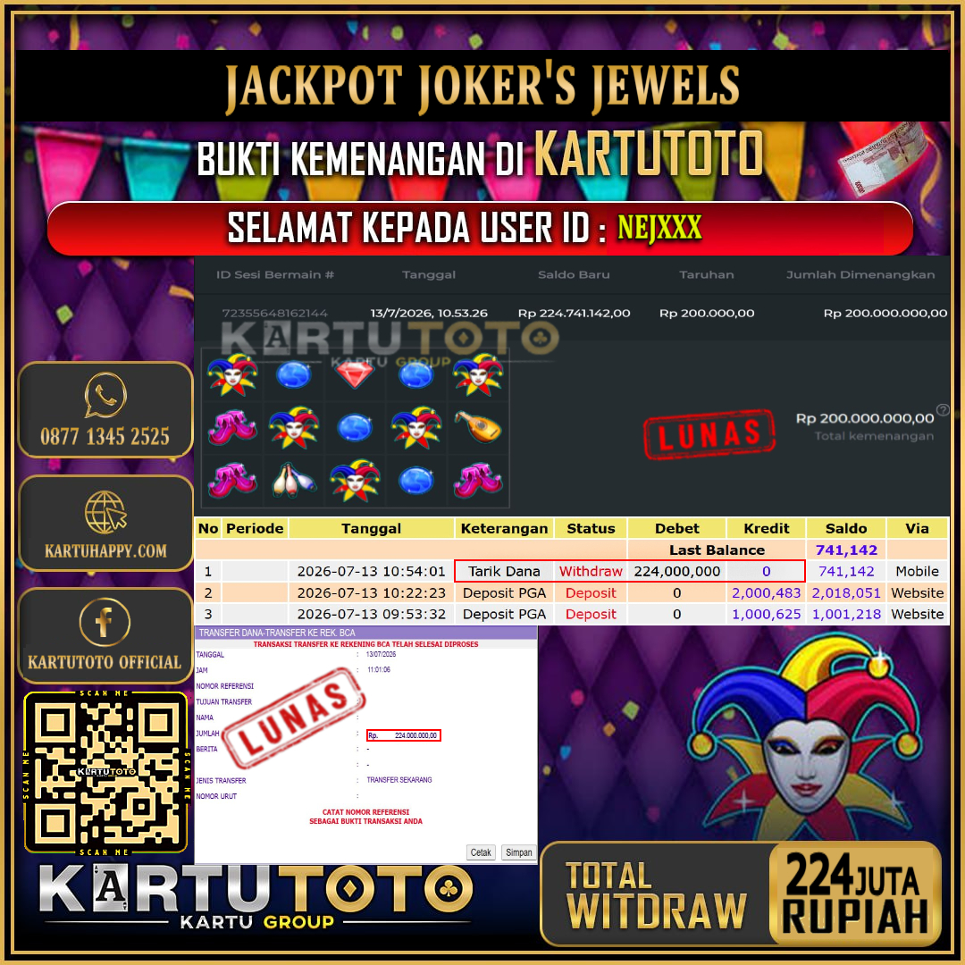 KARTUTOTO JACKPOT SLOT JOKER'S JEWELS Rp.224.000.000,- LUNAS USER ID : NEJ***‎ ‎ ‎