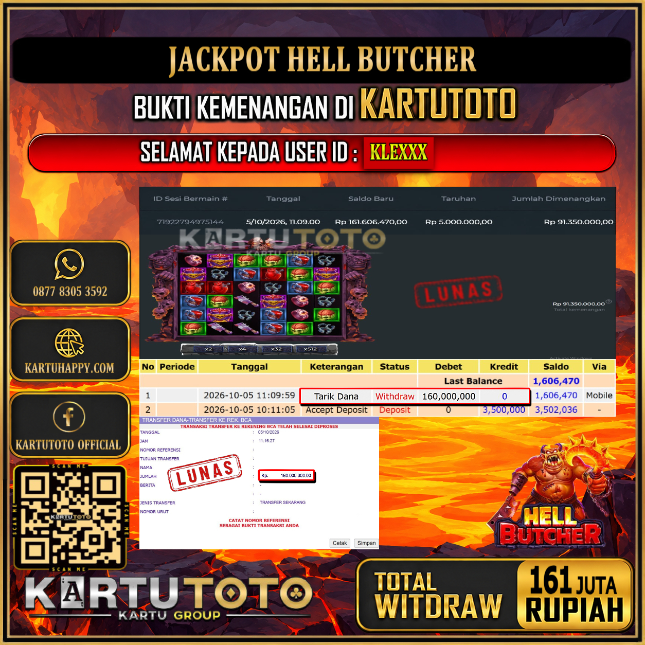 KARTUTOTO JACKPOT SLOT HELL BUTCHER Rp.161.000.000,- LUNAS USER ID : KLE***‎ ‎ ‎