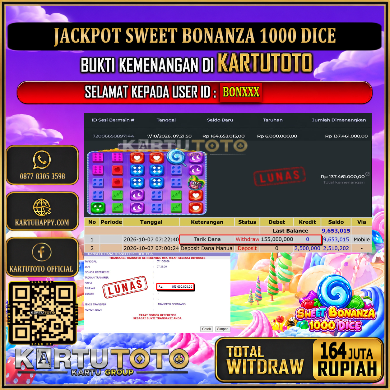 KARTUTOTO JACKPOT SLOT SWEET BONANZA 1000 DICE Rp.164.000.000,- LUNAS USER ID : BON***‎ ‎ ‎