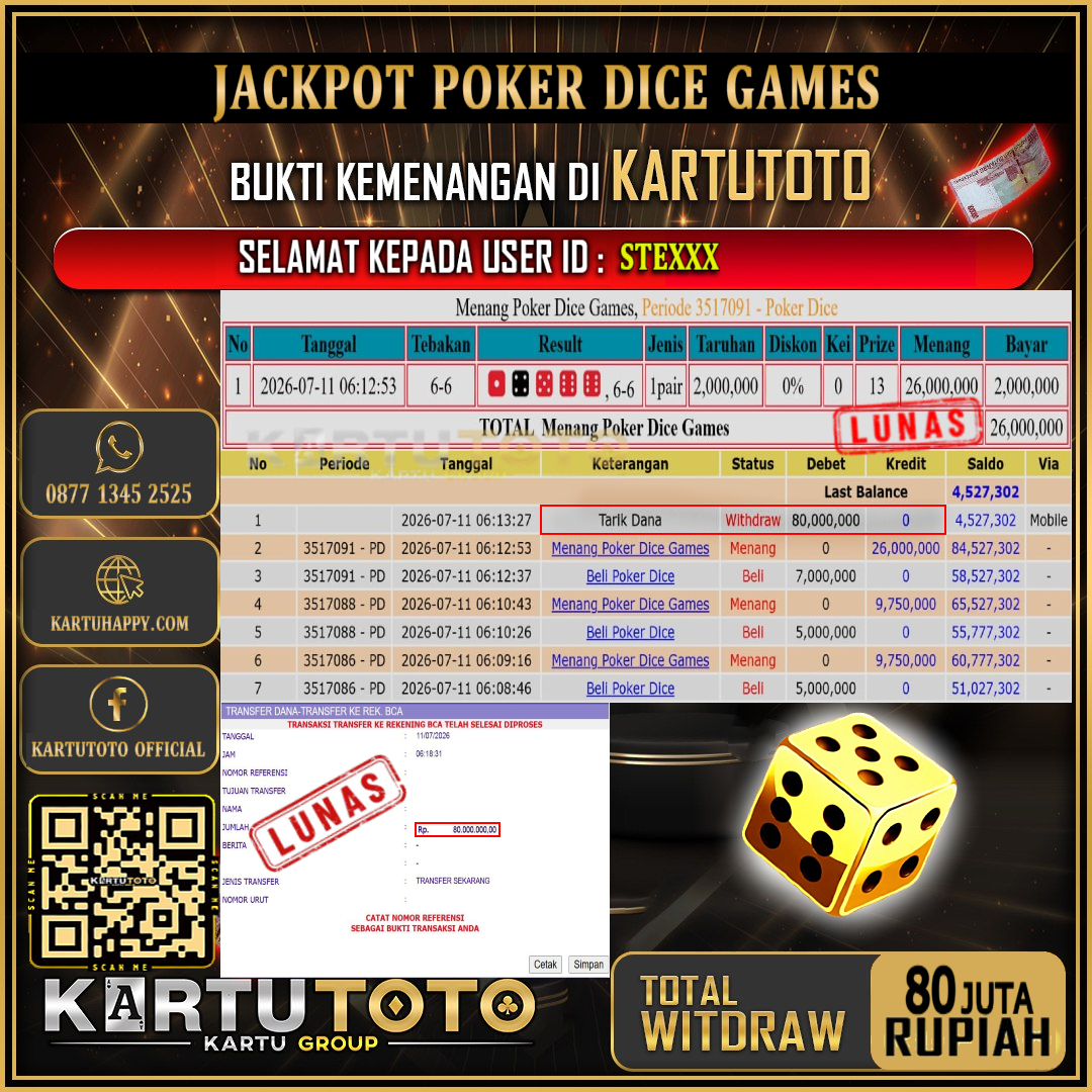 KARTUTOTO JACKPOT LIVE GAME POKER DICE GAMES Rp.80.000.000,- LUNAS USER ID : STE***‎ ‎ ‎