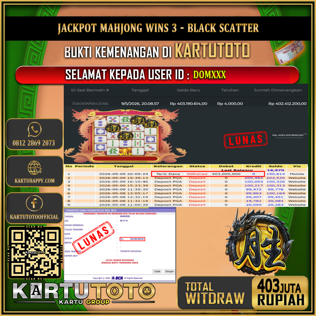 KARTUTOTO JACKPOT SLOT MAHJONG WINS 3 - BLACK SCATTER Rp.403.000.000,- LUNAS USER ID : DOM***‎ ‎ ‎