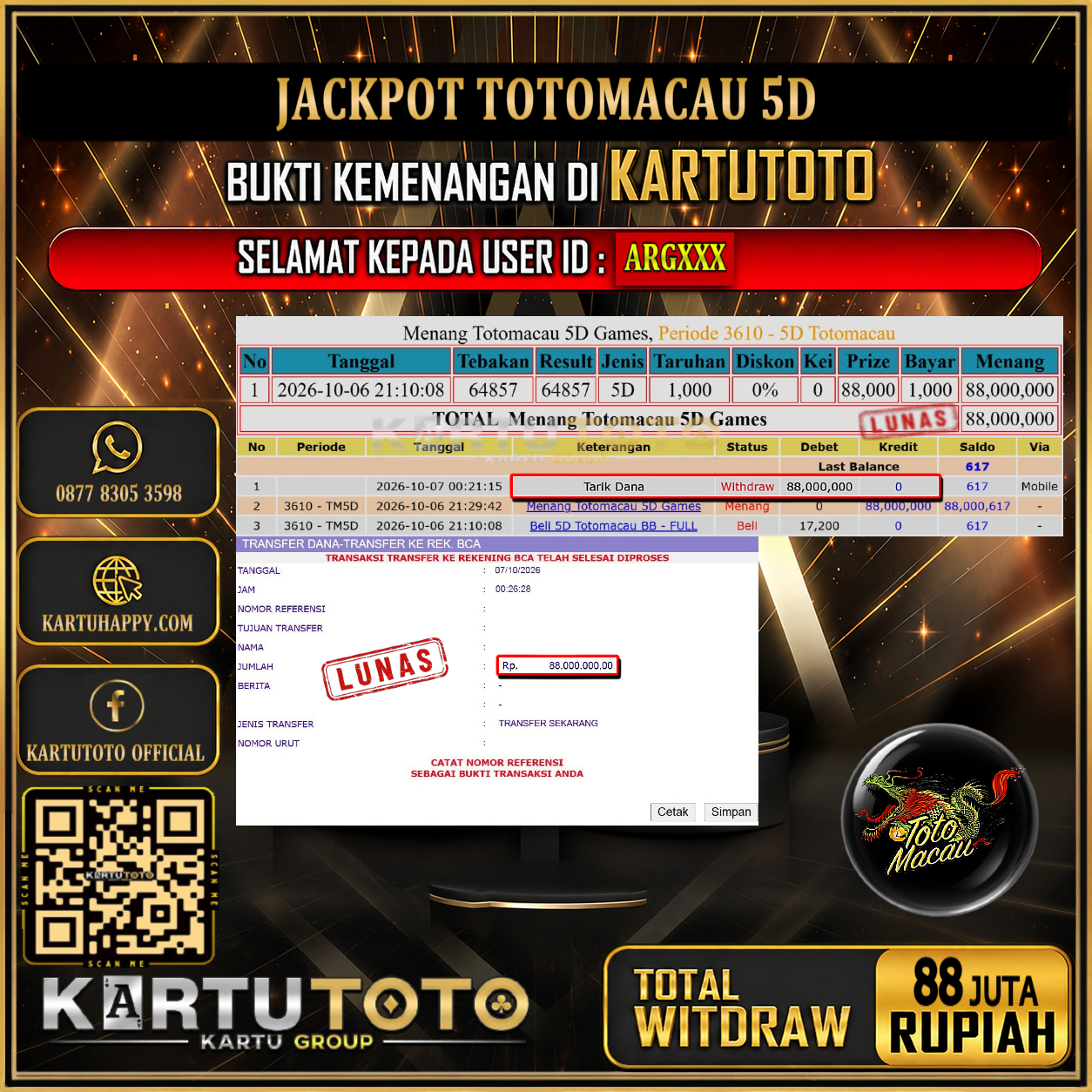 KARTUTOTO JACKPOT TOGEL TOTOMACAU 5D Rp.88.000.000,- LUNAS USER ID : ARG***‎ ‎ ‎