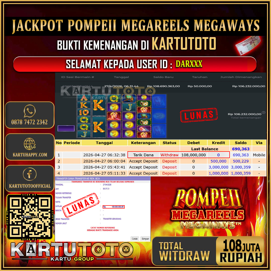 KARTUTOTO JACKPOT SLOT POMPEII MEGAREELS MEGAWAYS Rp.108.000.000,- LUNAS USER ID : DAR***‎ ‎ ‎
