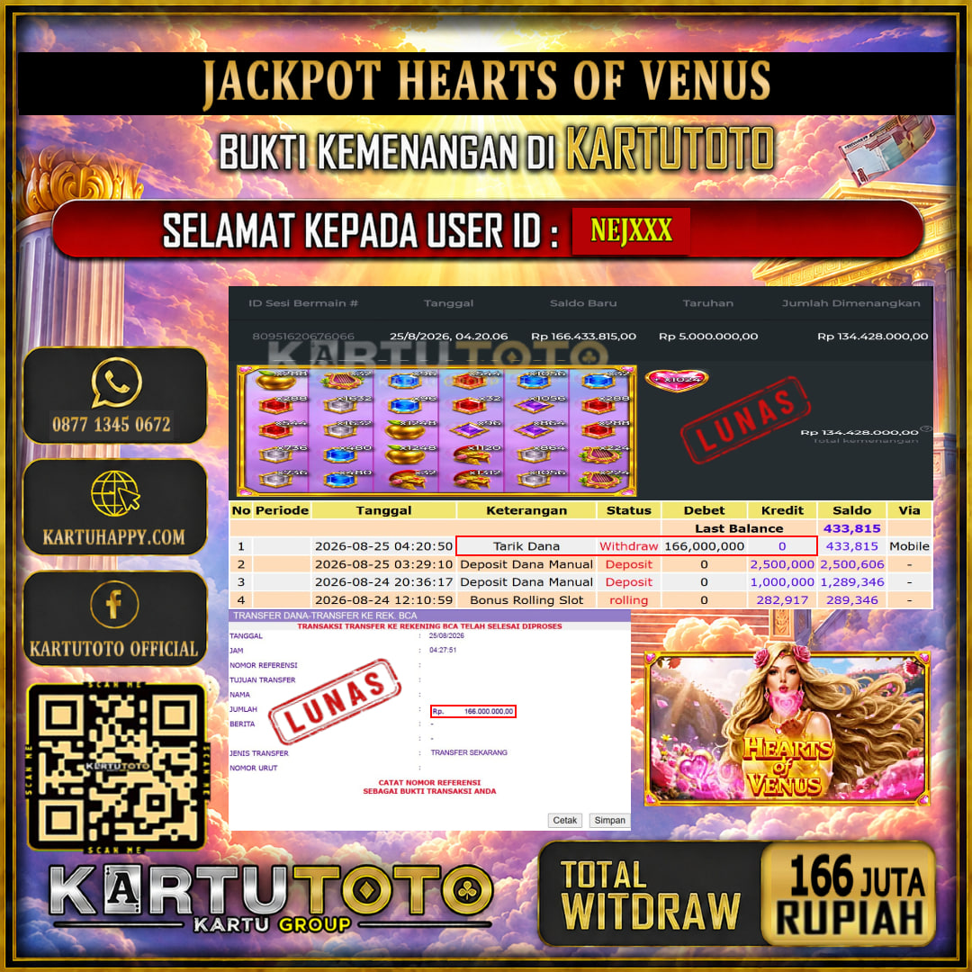 KARTUTOTO JACKPOT SLOT HEARTS OF VENUS Rp.166.000.000,- LUNAS USER ID : NEJ***‎ ‎ ‎
