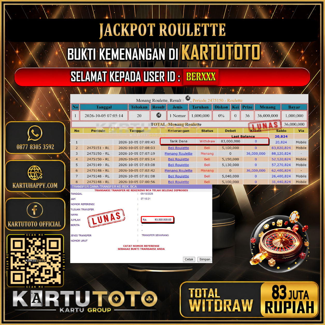 KARTUTOTO JACKPOT LIVE GAME ROULETTE Rp.83.000.000,- LUNAS USER ID : BER***‎ ‎ ‎