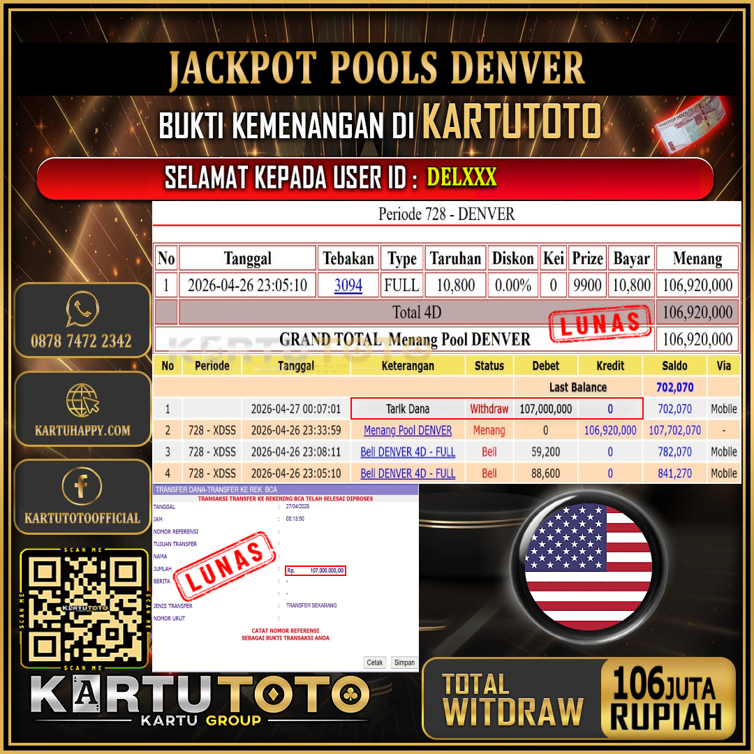 KARTUTOTO JACKPOT TOGEL DENVER Rp.106.000.000,- LUNAS USER ID : DEL***‎ ‎ ‎