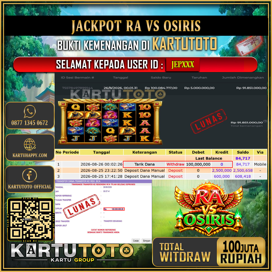 KARTUTOTO JACKPOT SLOT RA VS OSIRIS Rp.100.000.000,- LUNAS USER ID : JEP***‎ ‎ ‎