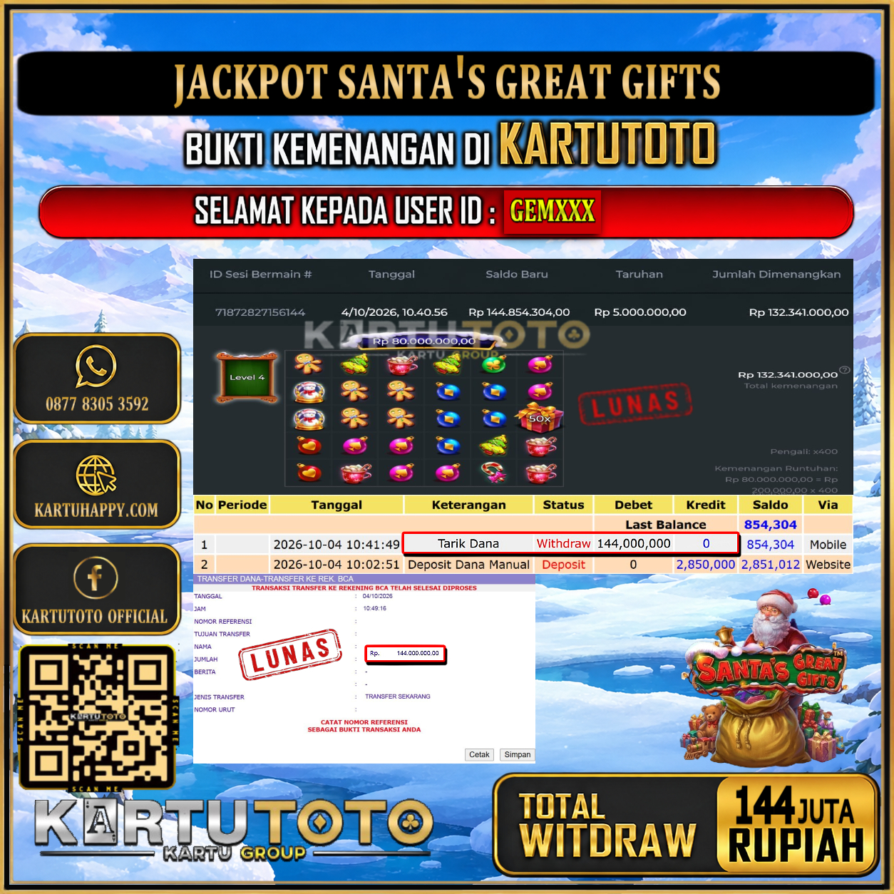 KARTUTOTO JACKPOT SLOT SANTA'S GREAT GIFTS Rp.144.000.000,- LUNAS USER ID : GEM***‎ ‎ ‎