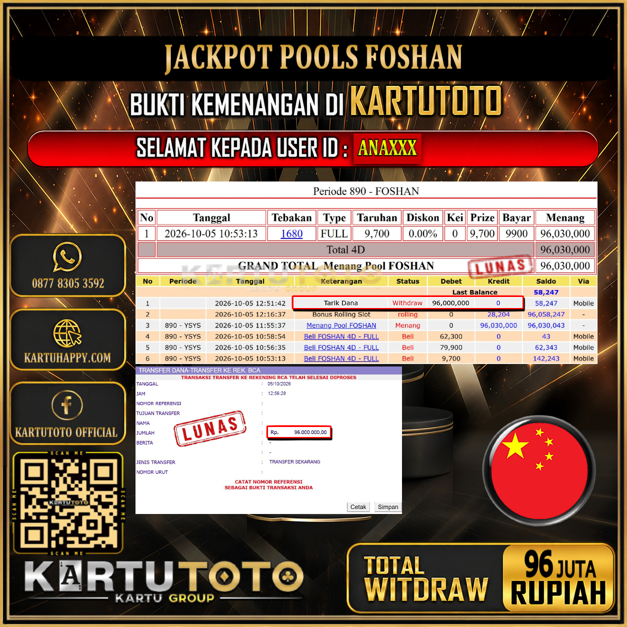 KARTUTOTO JACKPOT TOGEL FOSHAN Rp.96.000.000,- LUNAS USER ID : ANA***‎ ‎ ‎