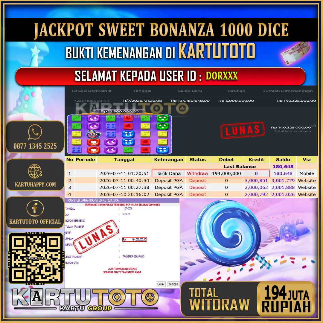 KARTUTOTO JACKPOT SLOT SWEET BONANZA 1000 DICE Rp.194.000.000,- LUNAS USER ID : DOR***‎ ‎ ‎