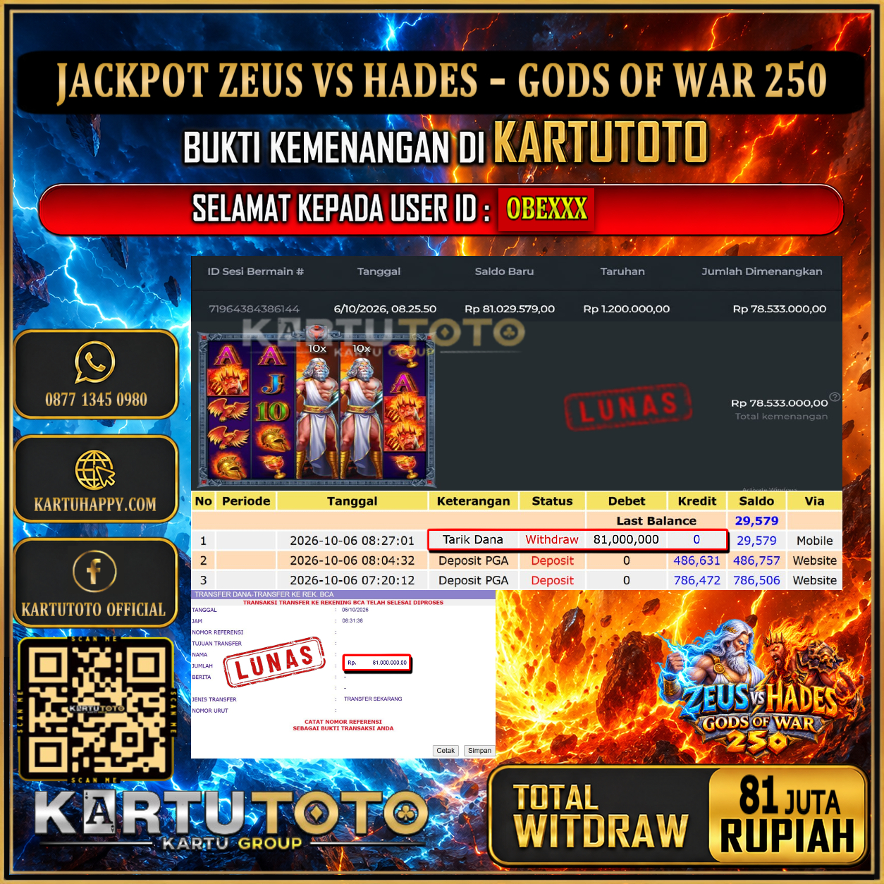 KARTUTOTO JACKPOT SLOT ZEUS VS HADES - GODS OF WAR 250 Rp.81.000.000,- LUNAS USER ID : OBE***‎ ‎ ‎