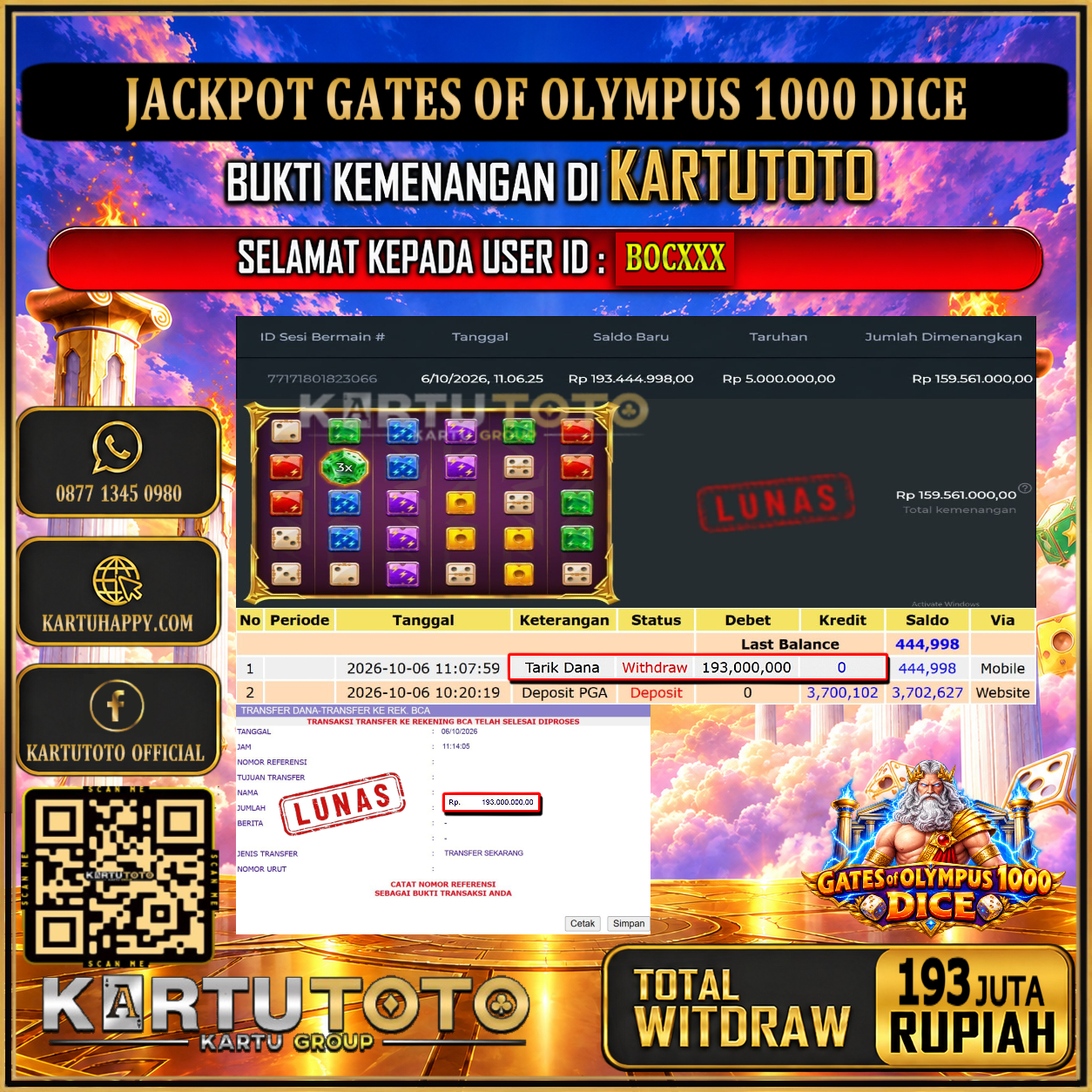 KARTUTOTO JACKPOT SLOT GATES OF OLYMPUS 1000 DICE Rp.193.000.000,- LUNAS USER ID : BOC***‎ ‎ ‎