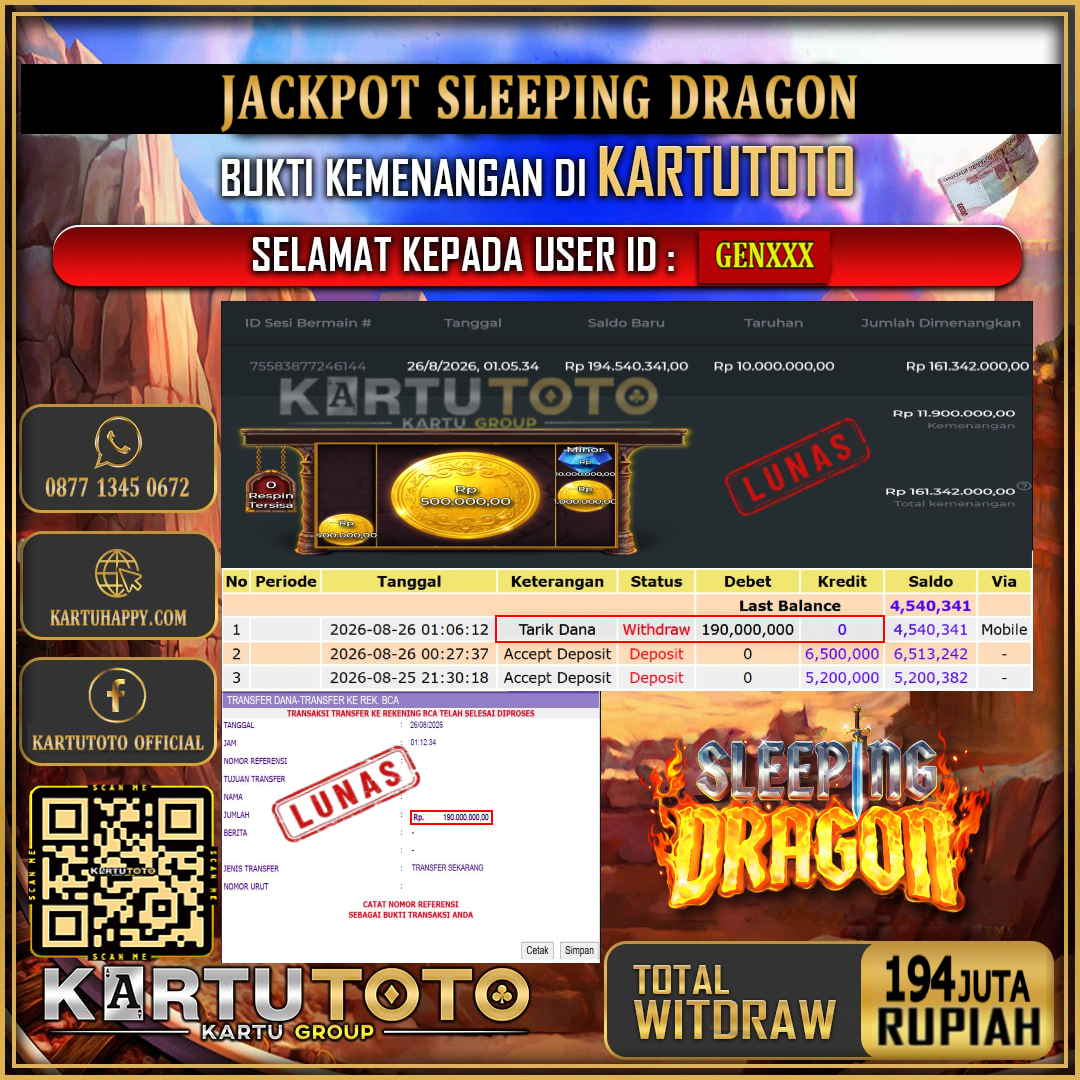 KARTUTOTO JACKPOT SLOT SLEEPING DRAGON Rp.194.000.000,- LUNAS USER ID : GEN***‎ ‎ ‎