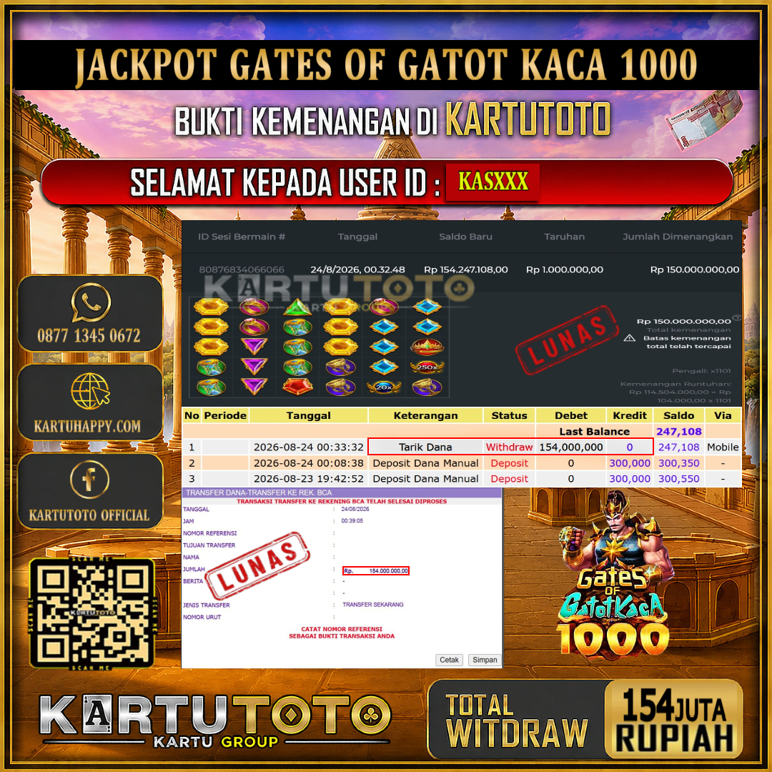 KARTUTOTO JACKPOT SLOT GATES OF GATOT KACA 1000 Rp.154.000.000,- LUNAS USER ID : KAS***‎ ‎ ‎