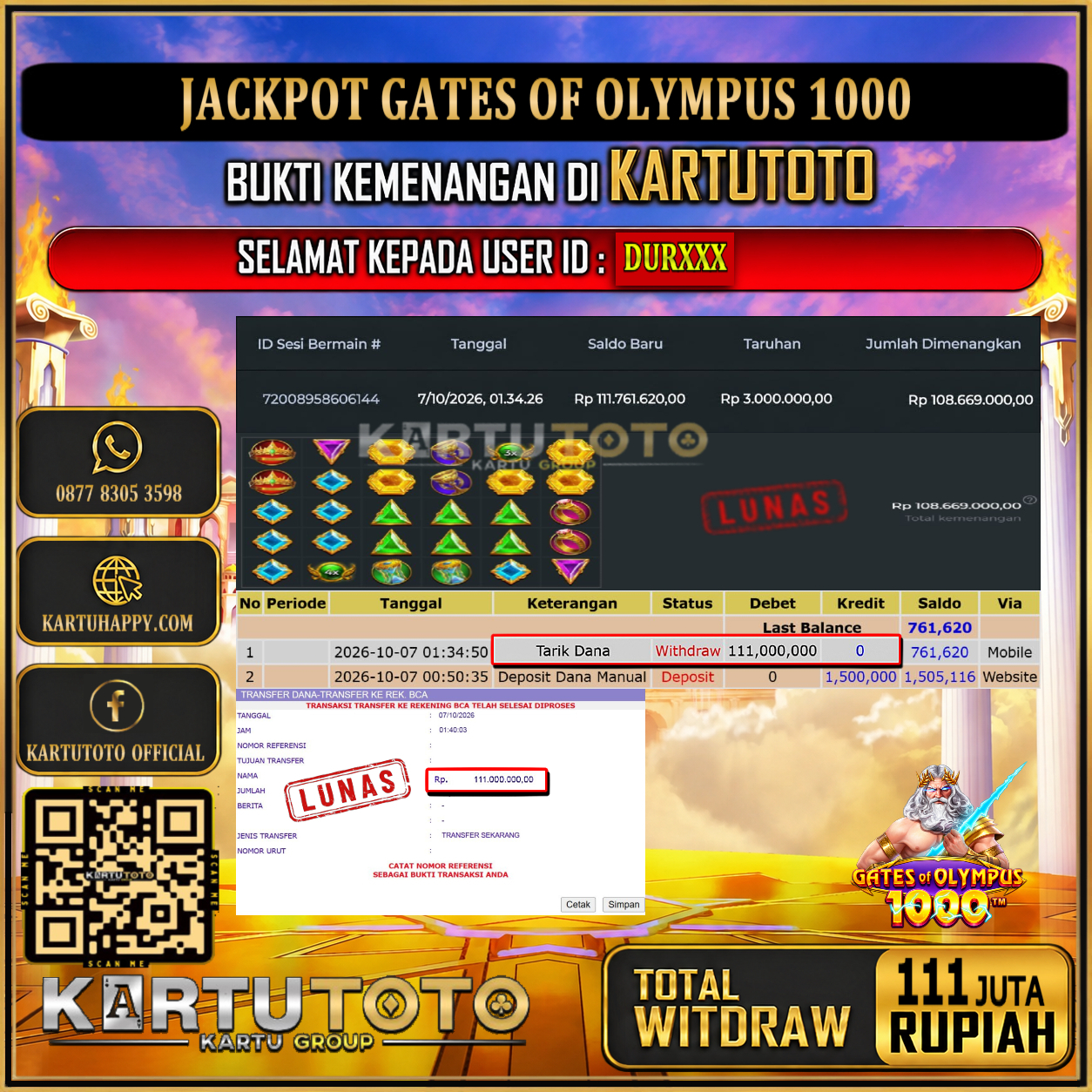 KARTUTOTO JACKPOT SLOT GATES OF OLYMPUS 1000 Rp.111.000.000,- LUNAS USER ID : DUR***‎ ‎ ‎
