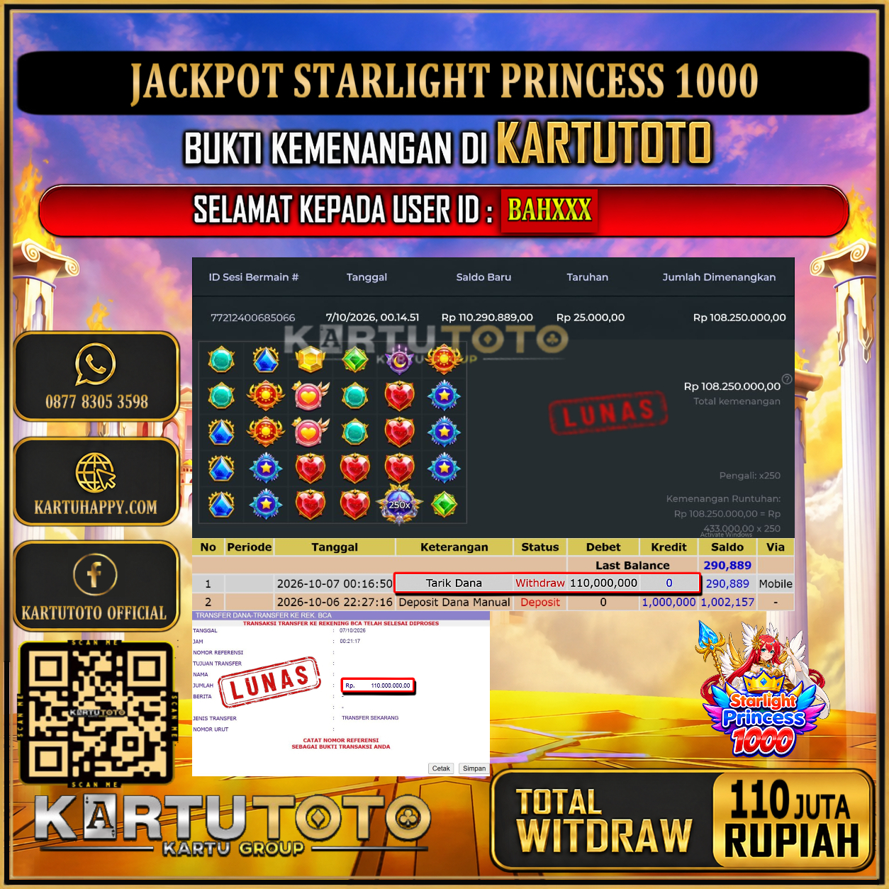KARTUTOTO JACKPOT SLOT STARLIGHT PRINCESS 1000 Rp.110.000.000,- LUNAS USER ID : BAH***‎ ‎ ‎