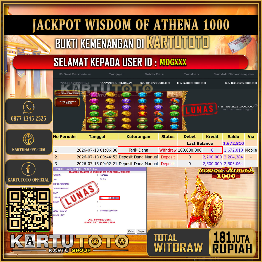 KARTUTOTO JACKPOT SLOT WISDOM OF ATHENA 1000 Rp.181.000.000,- LUNAS USER ID : MOG***‎ ‎ ‎