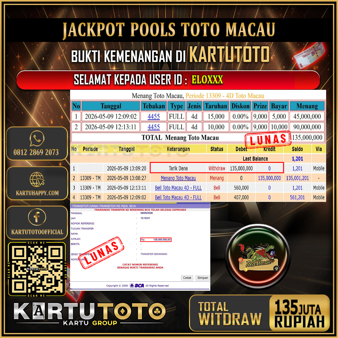 KARTUTOTO JACKPOT TOGEL TOTO MACAU Rp.135.000.000,- LUNAS USER ID : ELO***‎ ‎ ‎