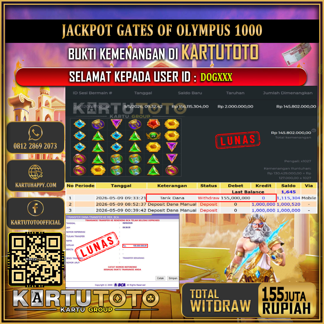 KARTUTOTO JACKPOT SLOT GATES OF OLYMPUS 1000 Rp.155.000.000,- LUNAS USER ID : DOG***‎ ‎ ‎