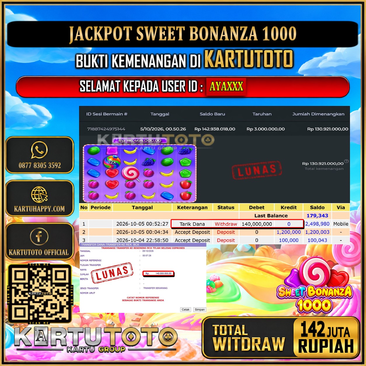 KARTUTOTO JACKPOT SLOT SWEET BONANZA 1000 Rp.142.000.000,- LUNAS USER ID : AYA***‎ ‎ ‎