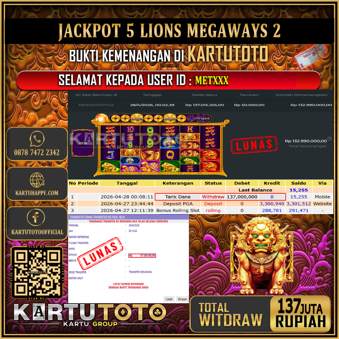KARTUTOTO JACKPOT SLOT 5 LIONS MEGAWAYS 2 Rp.137.000.000,- LUNAS USER ID : MET***‎ ‎ ‎