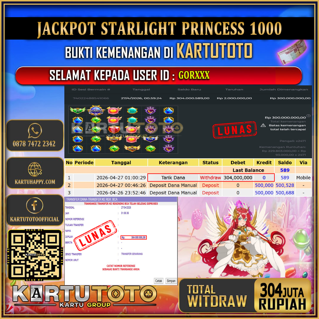 KARTUTOTO JACKPOT SLOT STARLIGHT PRINCESS 1000 Rp.304.000.000,- LUNAS USER ID : GOR***‎ ‎ ‎